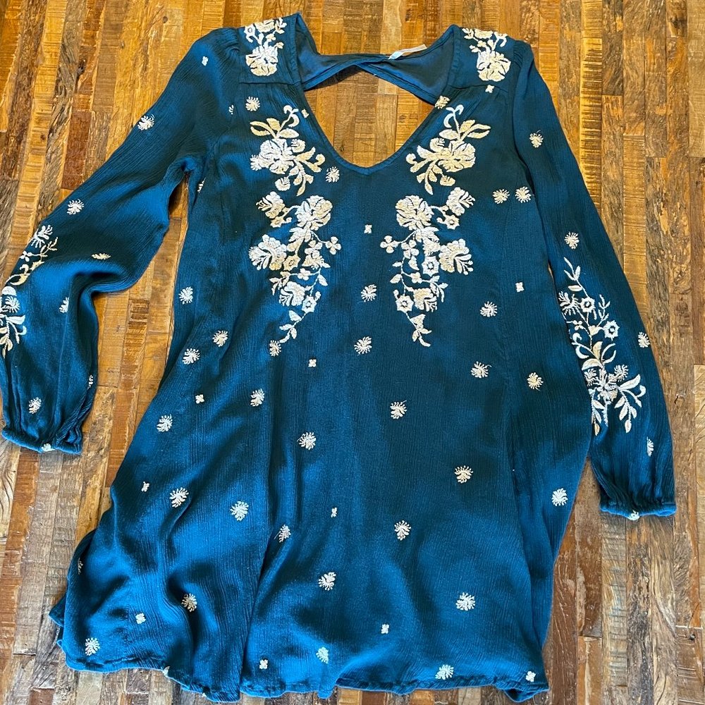FREE PEOPLE l Sweet Tennessee Embroidered Mini Teal Dress l Size Small